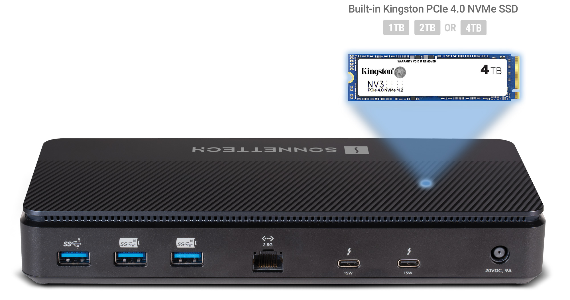 Front view of Echo 13 Thunderbolt 5 SSD Dock with NVMe SSD module shown above it.