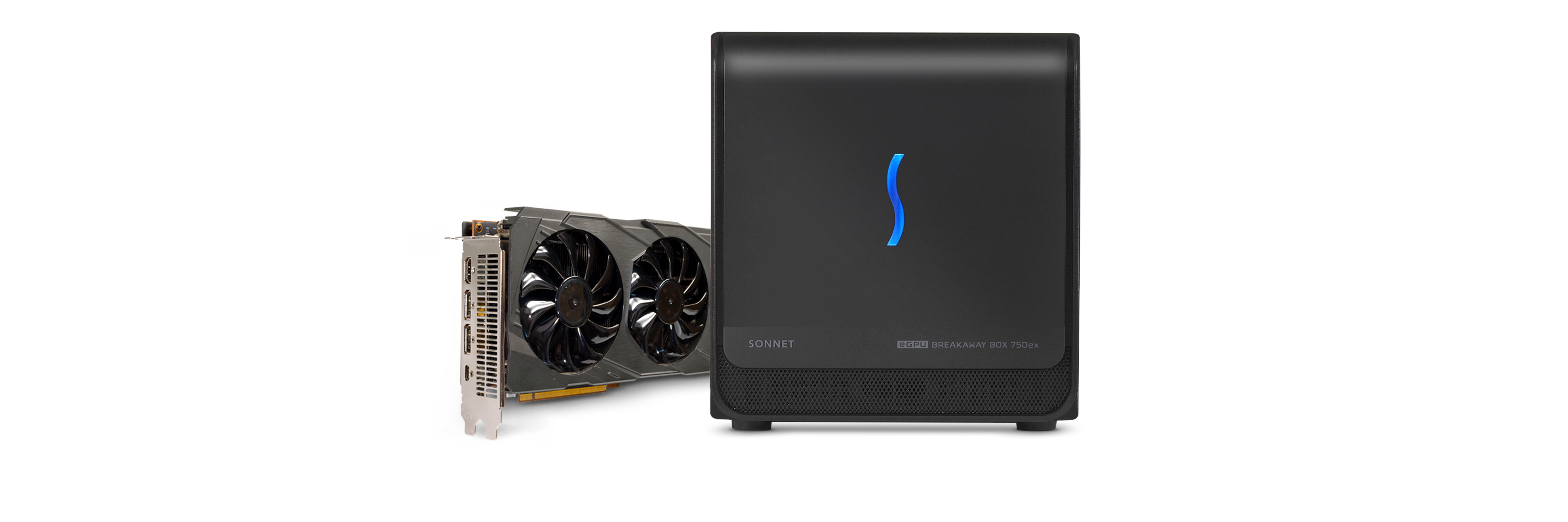Sonnet eGPU Breakaway Box shown with a video card next to enclosure.